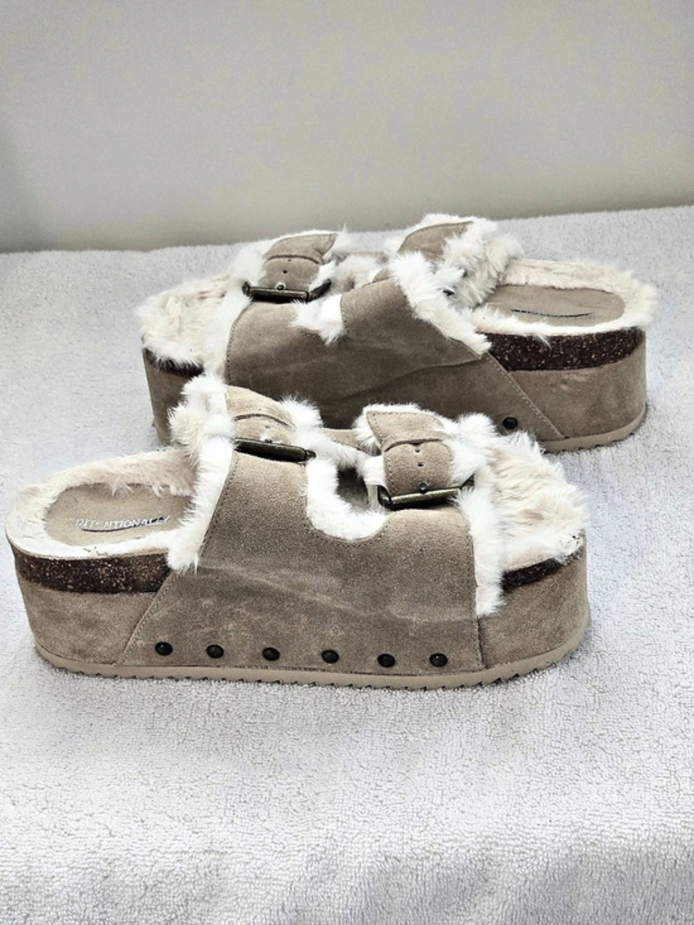 Intentionally Blank Faux Fur-Lined Platform Sandals in Brown